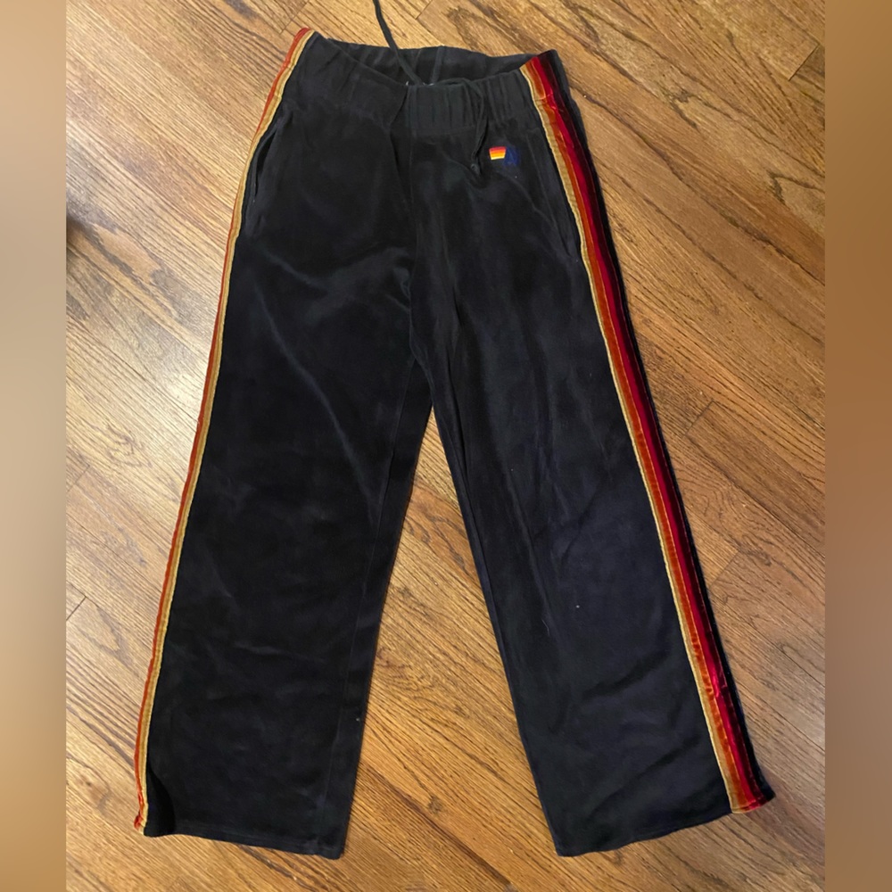 Aviator nation wide leg black velour sweatpants.